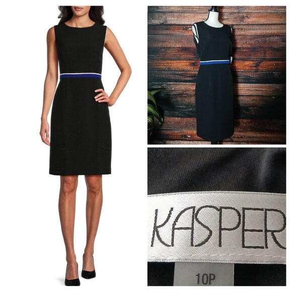 NWT Kasper Sheath Dress 10 Petite 10P Black Striped Waist Lined Zip Back - Picture 1 of 13